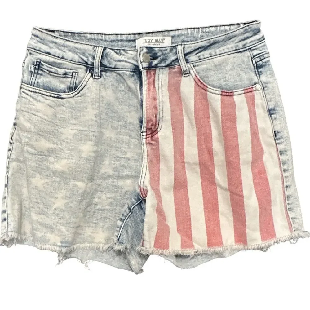 Judy Blue American Flag Denim Cutoff Shorts Women 1XL Frayed Hem Stretch High